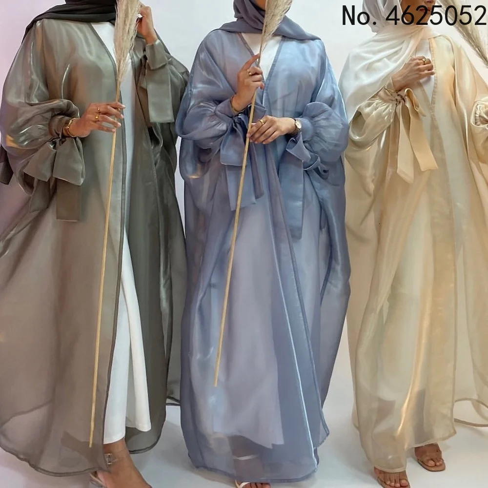 Eid Abaya Dubai Puff Sleeves Muslim Dress Silky Turkey Kaftans for WomenRobe Kimono Islam Abayas Femme Musulmane African 240529