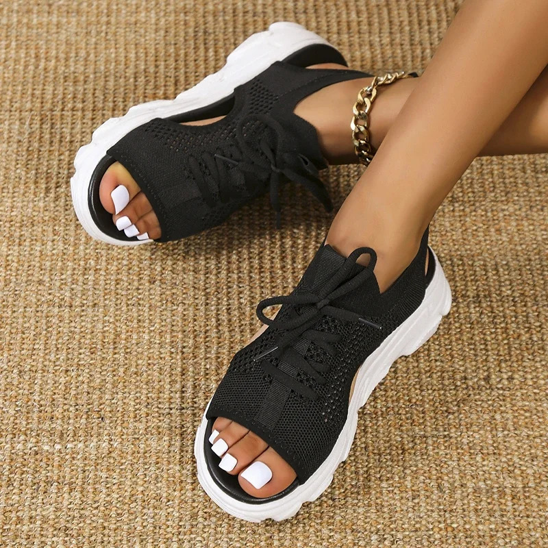 Mesh Women Sandals Summer Shoes for Women Trend Lace-up Platform Sandals Open Toe Beach Casual Heeled Sandals 240528
