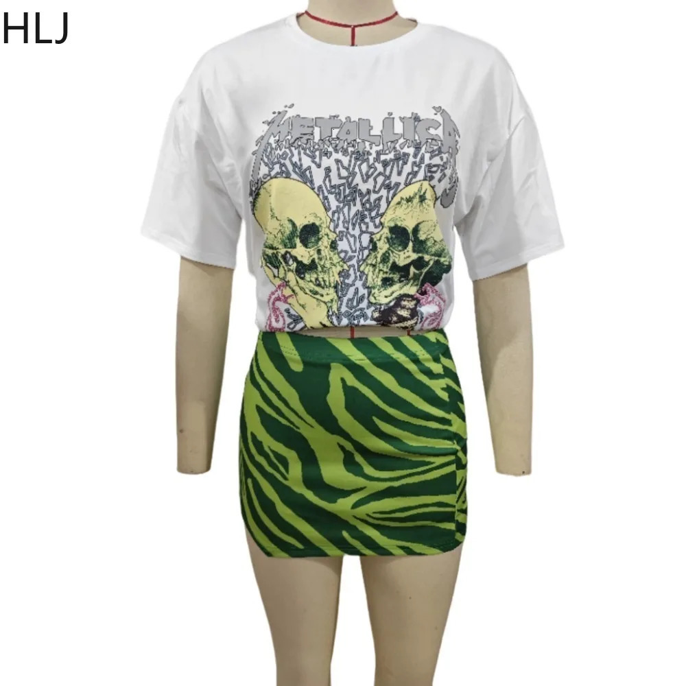 HLJ Fashion Y2K Streetwear Women Pattern Print Round Neck Short Sleeve Tshirt And Mini Skirts Two Piece Sets Summer 2pcs Outfits 240601