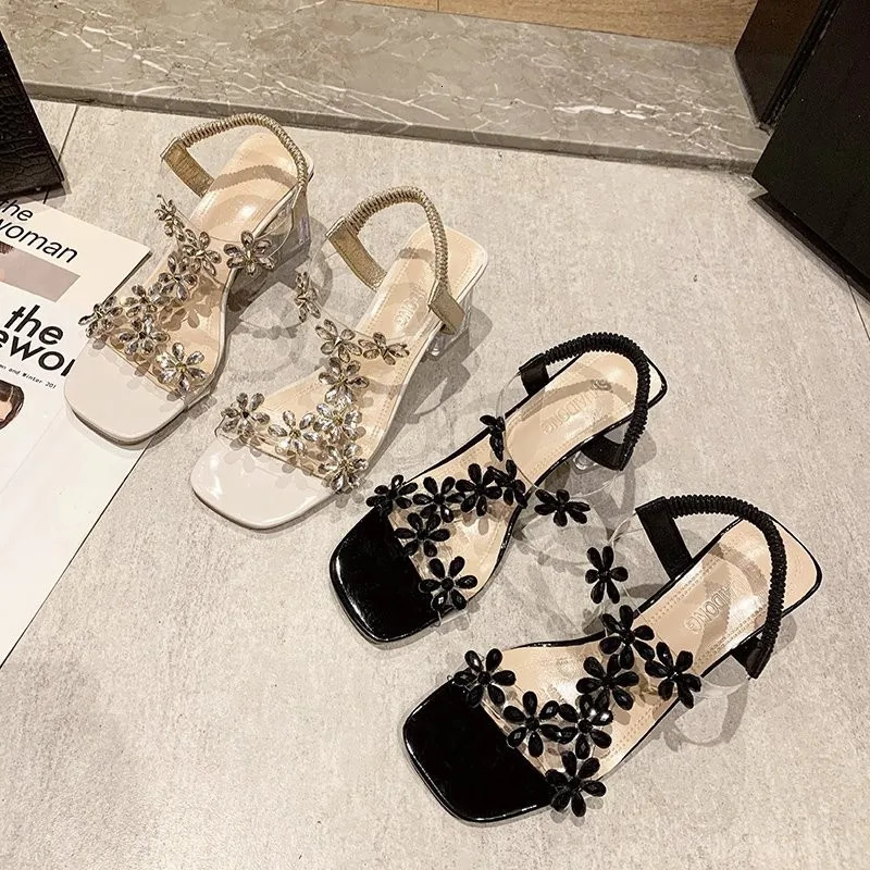 Summer Women Sandals Pvc Crystal Flower Decoration Chunky Heel Peep Toe Back Strap Elastic Band Elegant Fashion Shoes Ladies 240528