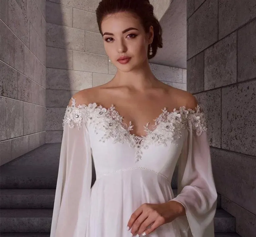 Maternity Chiffon A Line Wedding Dress 2024 Sheer Mesh Top Long Sleeves Empire Pregnant Bride Gowns Elegant Simple Robe De Mariage 0612