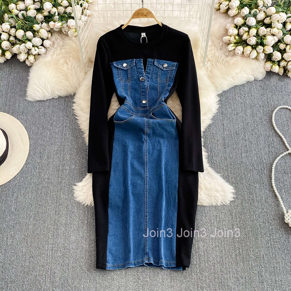 Autumn and Winter Korean Edition Fake Two Piece Contrast Color Long Sleeve Round Neck Panel Denim Waist Slim Mid length Wrap Hip Dress
