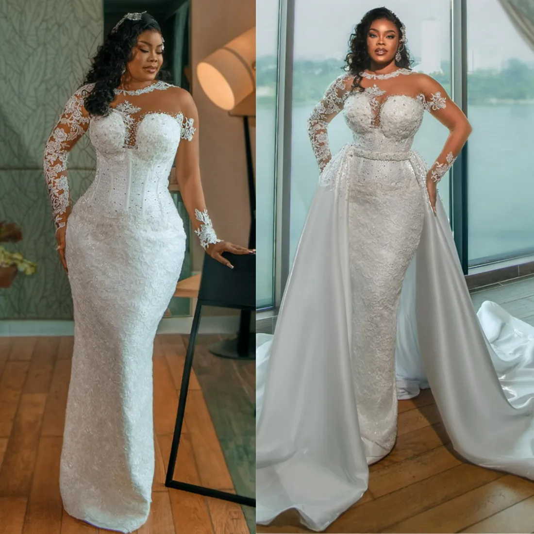 2024 Plus Size Mermaid Wedding Dresses Bridal Gowns With Detachable Train Plus Size Illusion Long Sleeves Beaded Lace Wedding Gown for African Black W