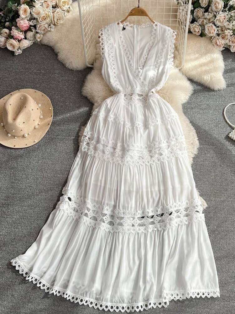 24ss Summer French Palace Style Hollow out Sexy Embroidery V-Neck Waistless Sleeveless Ruffle Edge Long Dress
