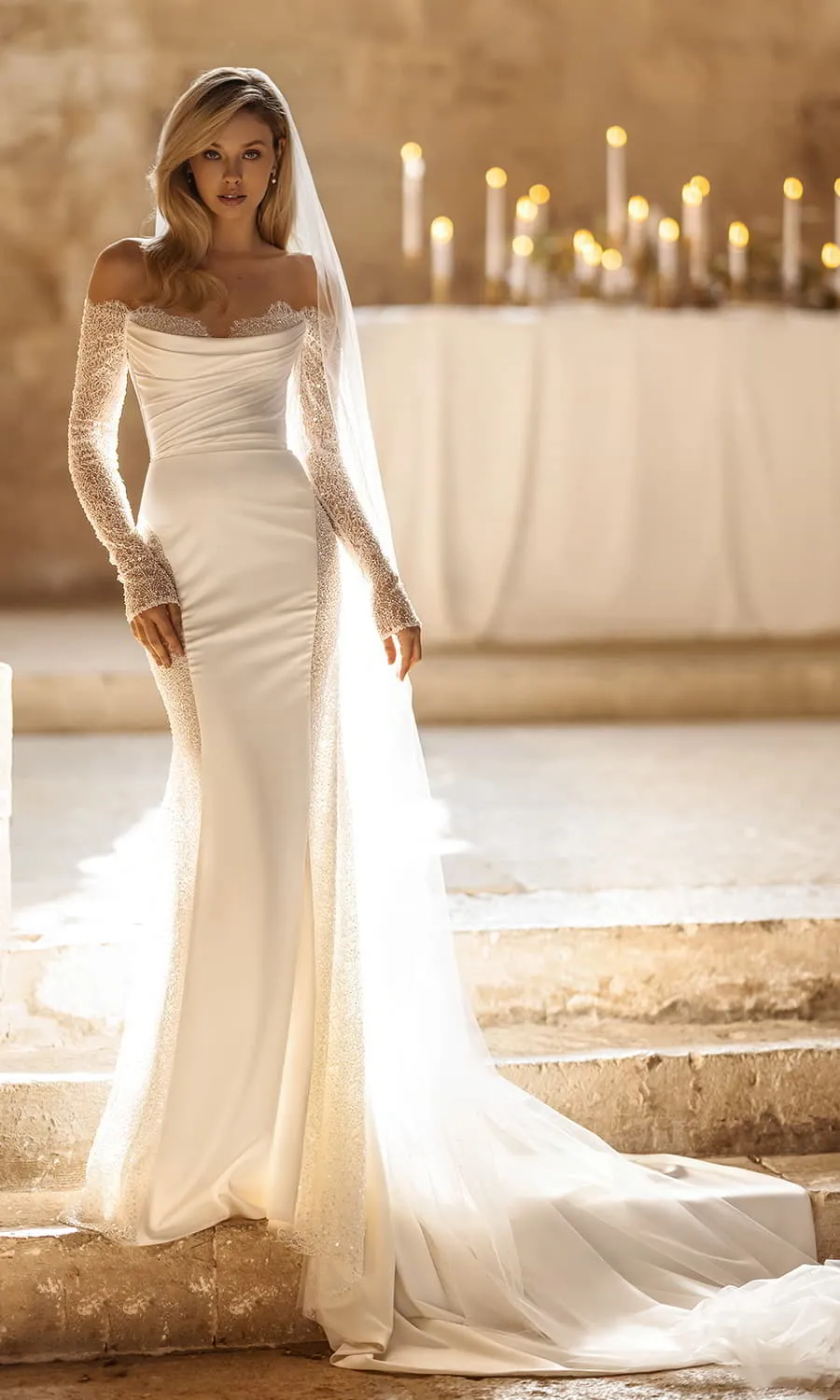 Elegant Sweetheart Necke Mermaid Wedding Dress with Long Sleeves, Lace Appliques Sweep Train - Custom Bridal Gown