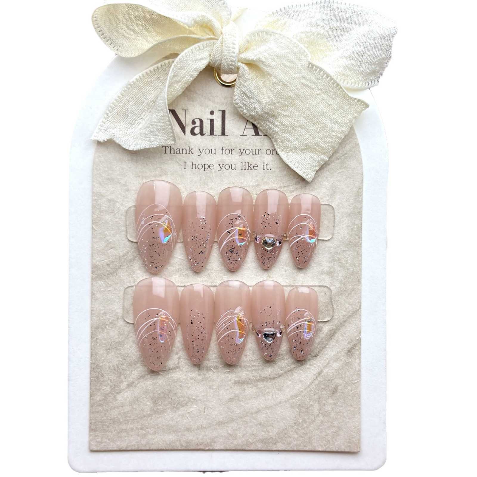 Girls False Nails Handmade Wearing Nail Patch Finished Pure Desire Opal Powder Simple Line High Grade Beauty Nail Patch 240530