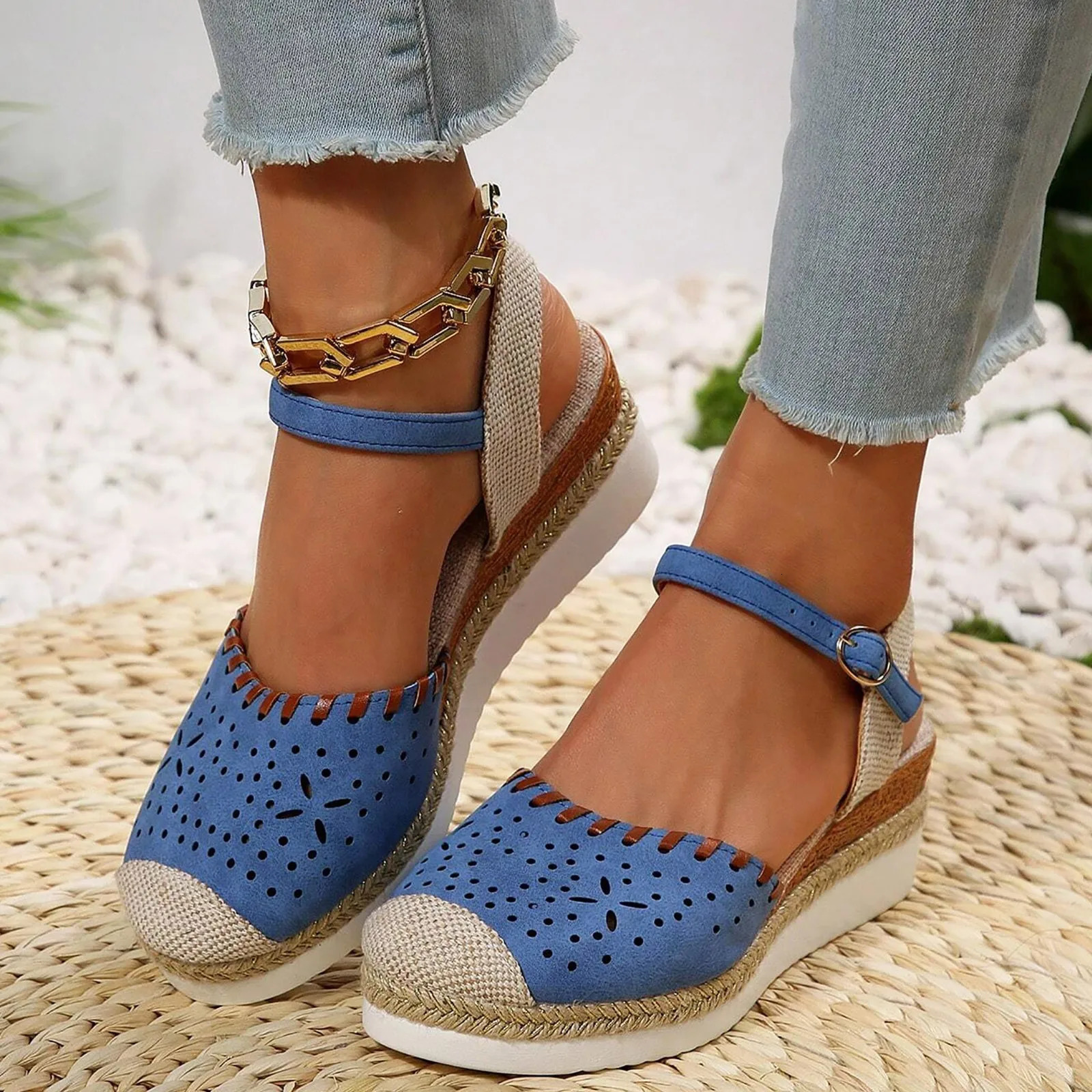 Vacation Classical Shoes For Women Hollow Out Espadrille Ankle Strap Womens Sandals Anti-Slip Wedge Sandals Women Shoes 240528