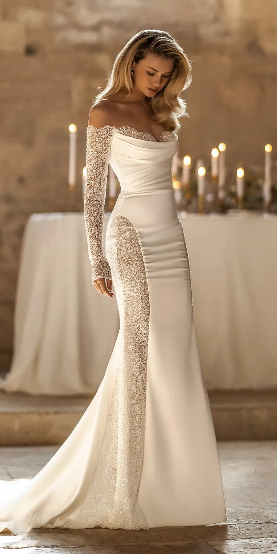 Elegant Sweetheart Necke Mermaid Wedding Dress with Long Sleeves, Lace Appliques Sweep Train - Custom Bridal Gown