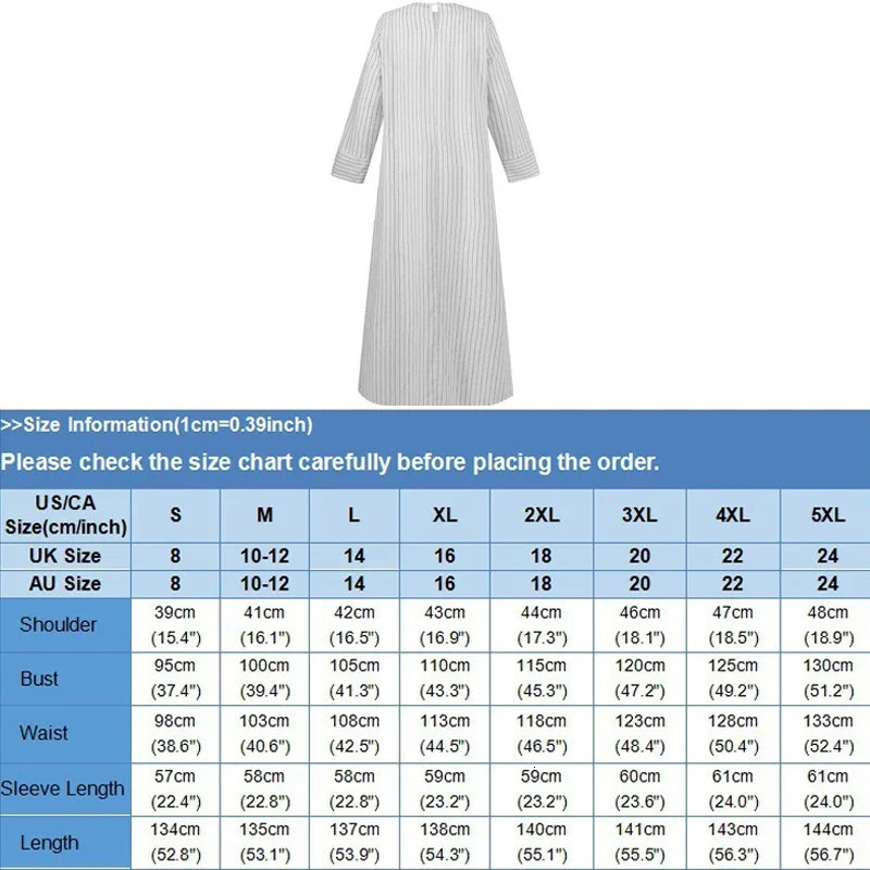 Female Muslim Long-sleeved Robe Cotton and Linen Striped Round Tie Pocket Long Skirt Casual Loose Street Womens Dress 240529