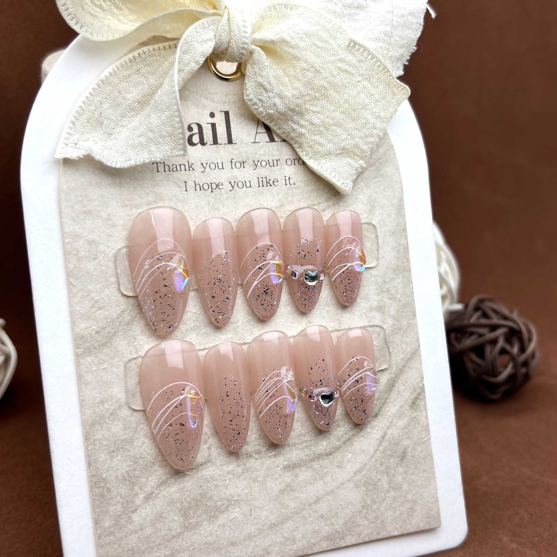 Girls False Nails Handmade Wearing Nail Patch Finished Pure Desire Opal Powder Simple Line High Grade Beauty Nail Patch 240530