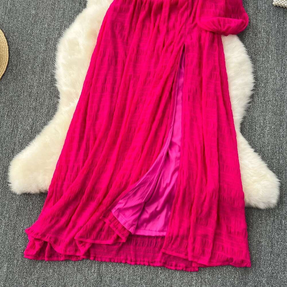 Royal Sister Goddess Style High end Dress Sexy Mind Machine Hollow out Diagonal Collar Off the Shoulder Split Waist French Holiday Dress