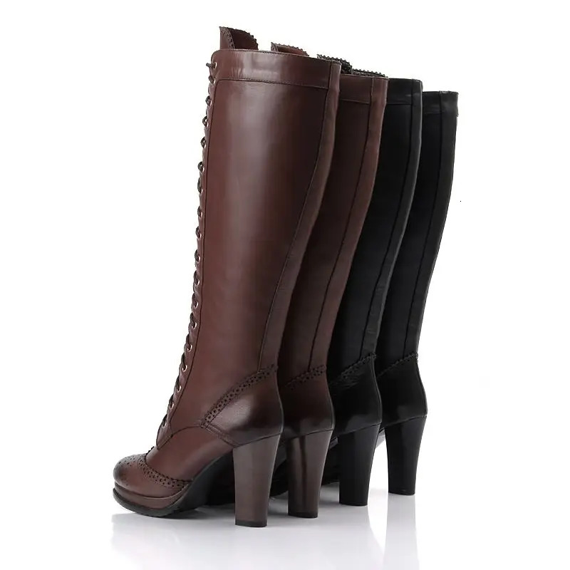 MORAZORA Plus size 3443 Genuine leather knee high boot lace up platform heels winter riding boots female shoes 240607