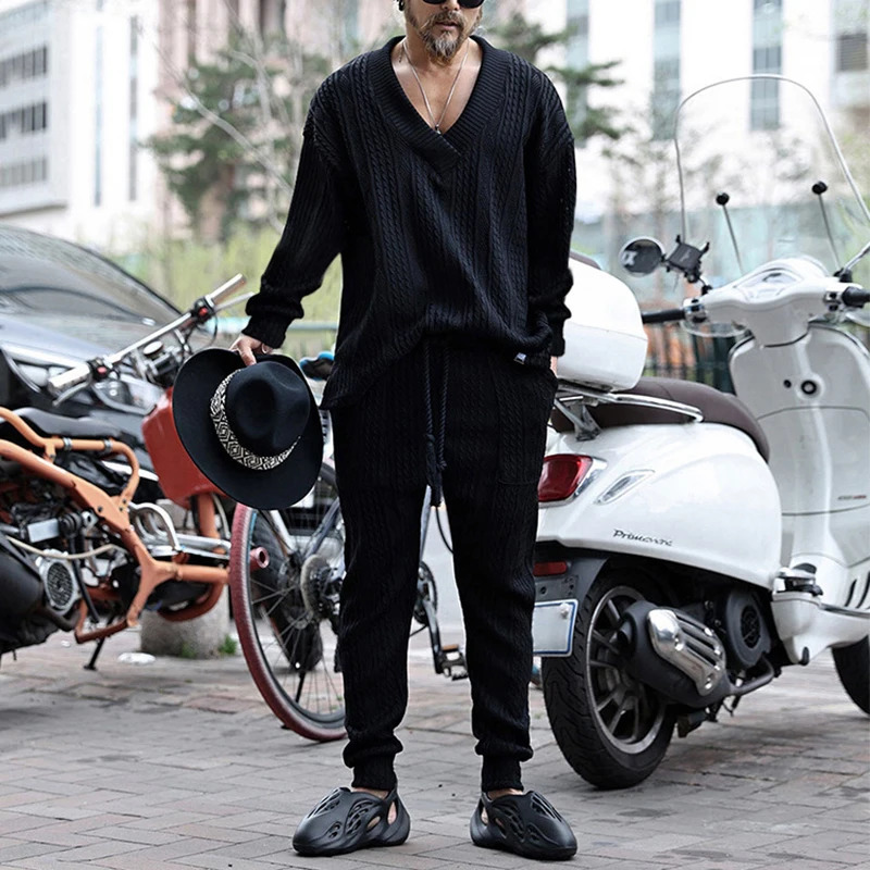 Spring Mens Knitted Two Piece Sets Casual Solid Color V Neck Sweater And Pants Knitting Outfits For Men Knitwear Streetwear 240530