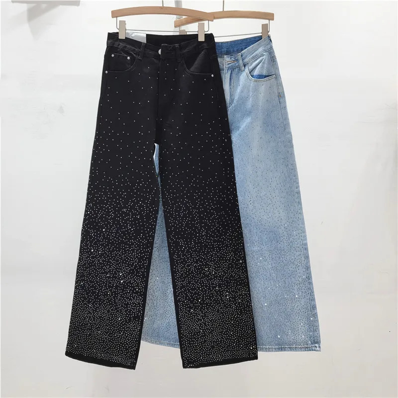 Rhinestone Black High Waist Jeans for Women Spring Autumn Loose AllMatching Straight Wide Leg Casual Mopping Pants 240601