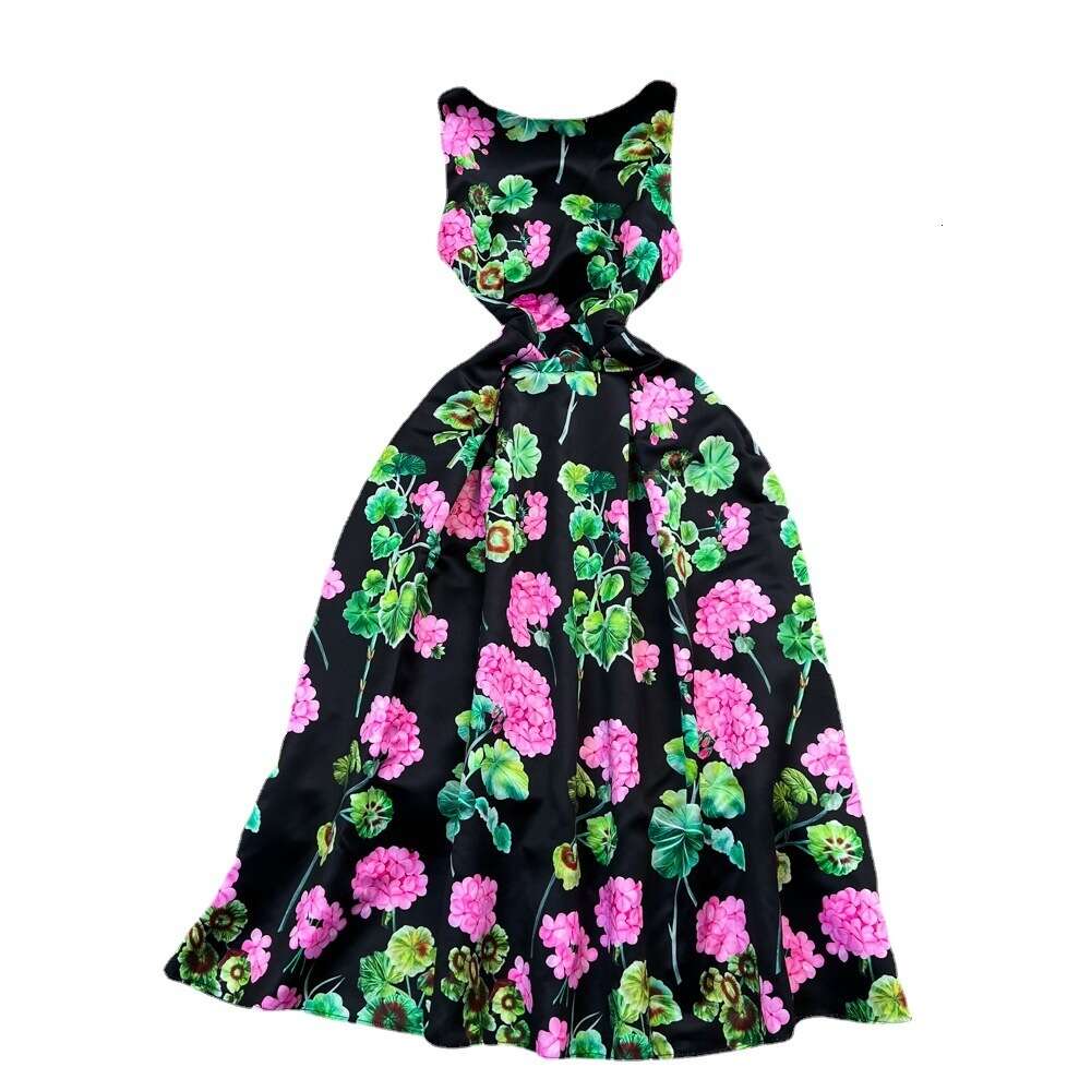 Light and mature style round neck sleeveless three-dimensional cutting waistband slim A-line printed dress elegant long skirt