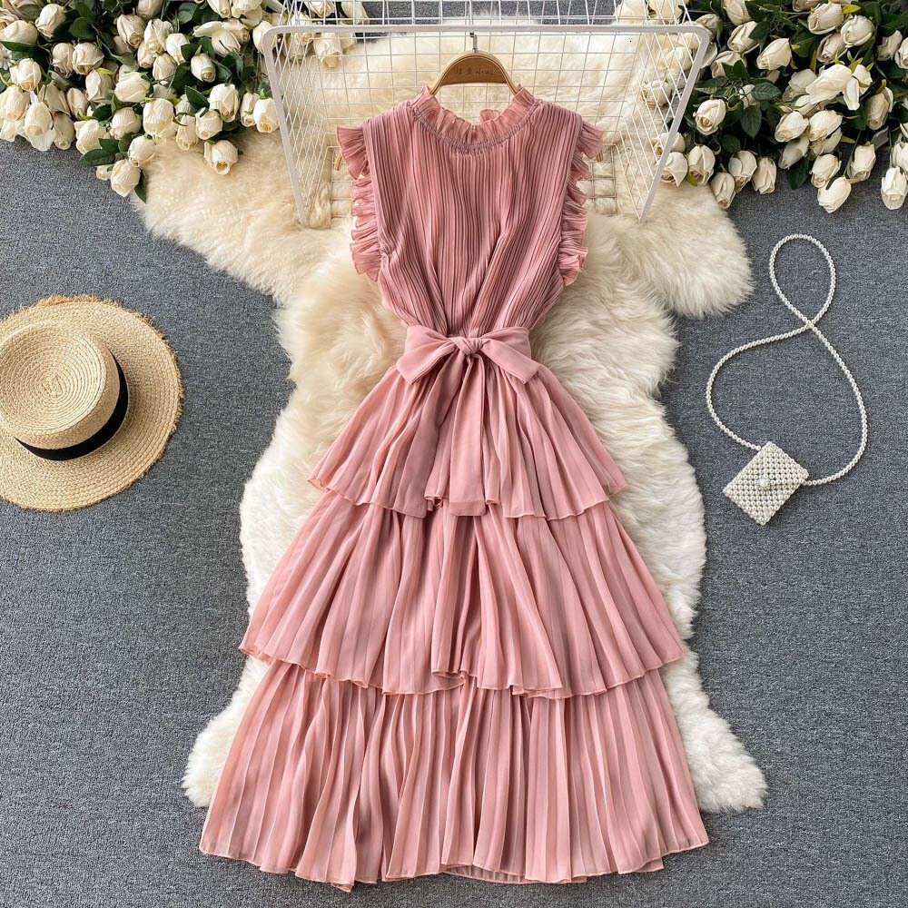 French dress womens heavy industry crimp wood ear edge collar lace up waist thin Ruffle chiffon cake skirt