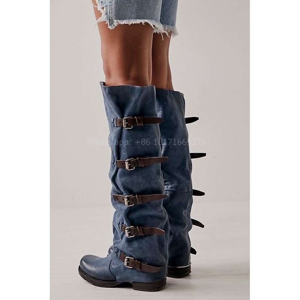 Fashion Gladiator Round Toe Buckle Flats Women Knee High Leather Zip Knight Boots Dress Fall Lady Shoes 2024