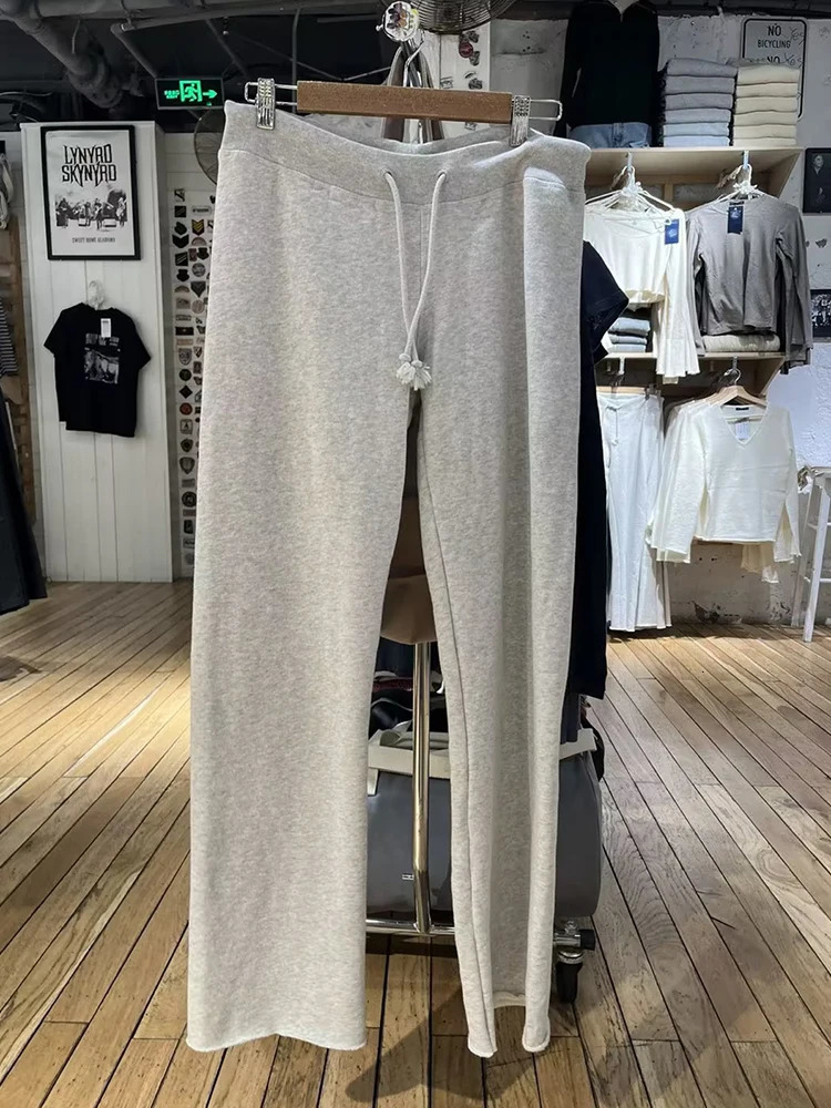 Retro Solid Drawstring Wide Leg Pants Women Spring Gray Casual High Waist Joggers Sweatpants Femme Y2k Streetwear Loose Trousers 240530