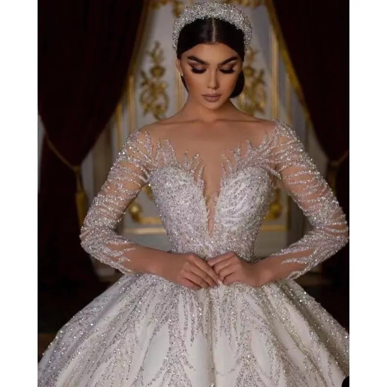 Ball Stunning Princess Wedding Dresses For Women Long Sleeves Turkish Bridal Gowns Backless Sequin Vestido De Noiva 2024 Crystals Arabic Shiny Wed Gow