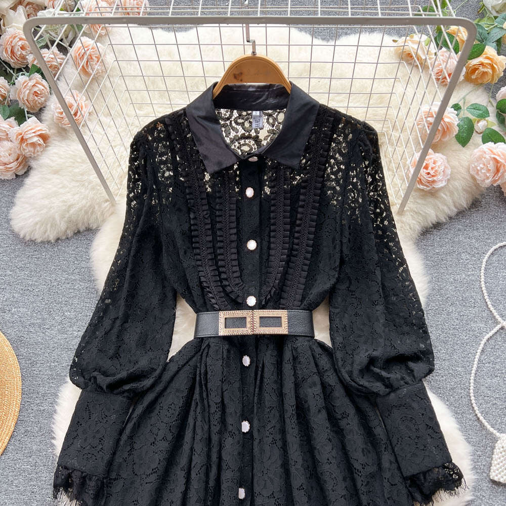 Spring and autumn new style lapel heavy work hook flower hollow-out French lace dress female fashion big swing knee length skirt