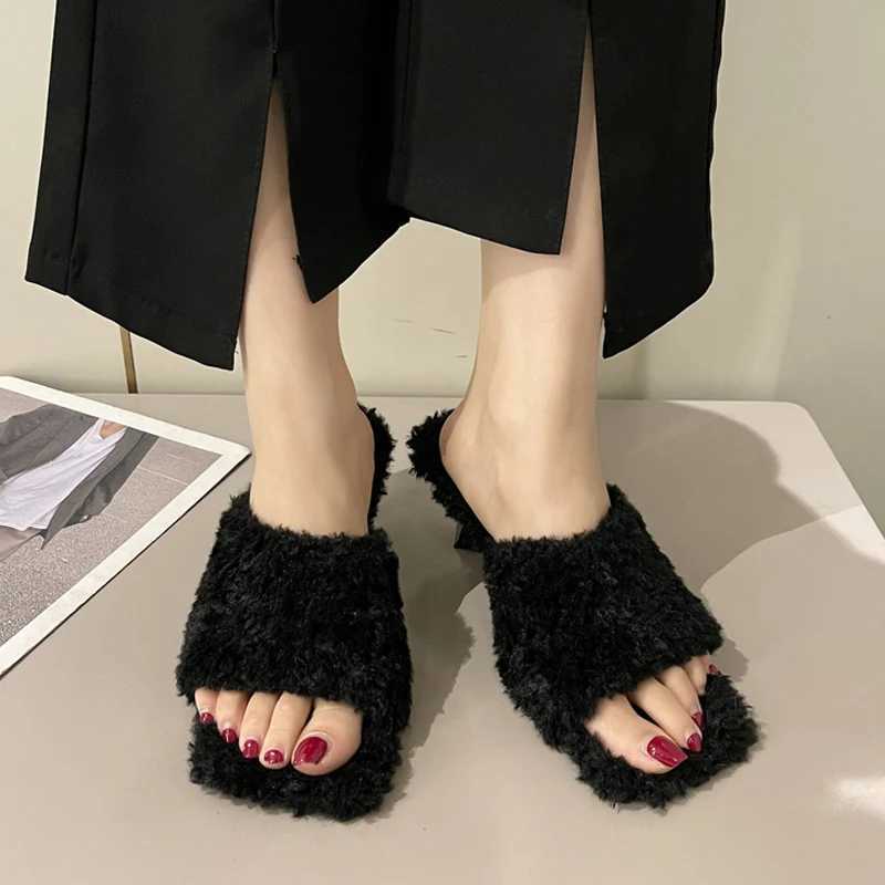 Shoes Fur Teddy Dress Rich Mule Slides Woman Elegant Kitten Heel Square Toe Plush Slippers Ladies Winter Party Stiletto Furry Pump ShoesL464