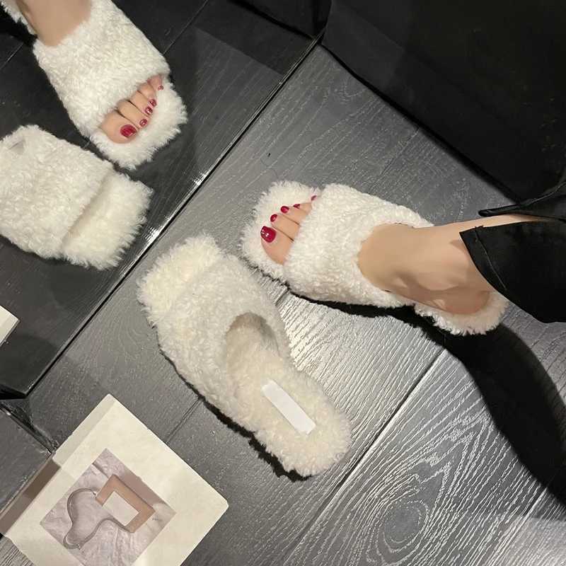 Shoes Fur Teddy Dress Rich Mule Slides Woman Elegant Kitten Heel Square Toe Plush Slippers Ladies Winter Party Stiletto Furry Pump ShoesL464