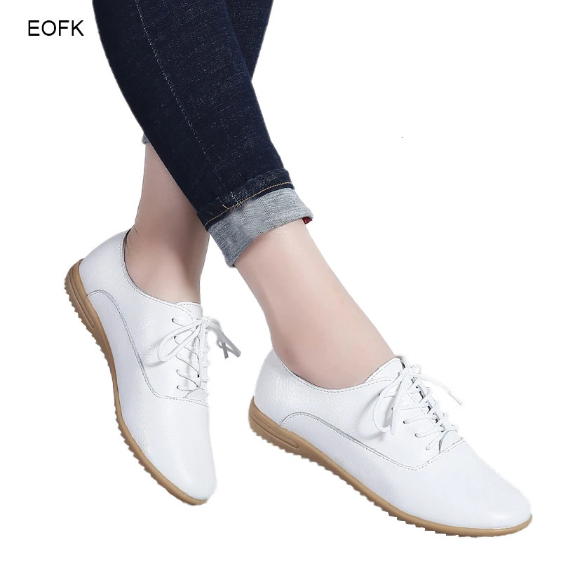 EOFK Spring Autmn Women Oxford Shoes Casual Leather ballet Flats Lace up Soft Comfortable Ladies Derbys 240607