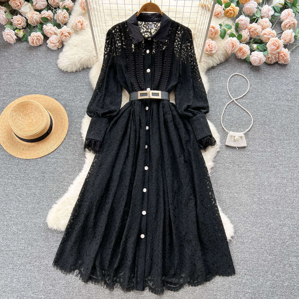 Spring and autumn new style lapel heavy work hook flower hollow-out French lace dress female fashion big swing knee length skirt