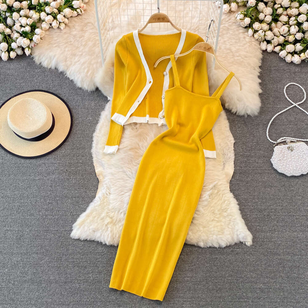 Fashion V-Neck long sleeve Knitted Top shawl cardigan two piece suit medium long tight elastic Hip Wrap Dress