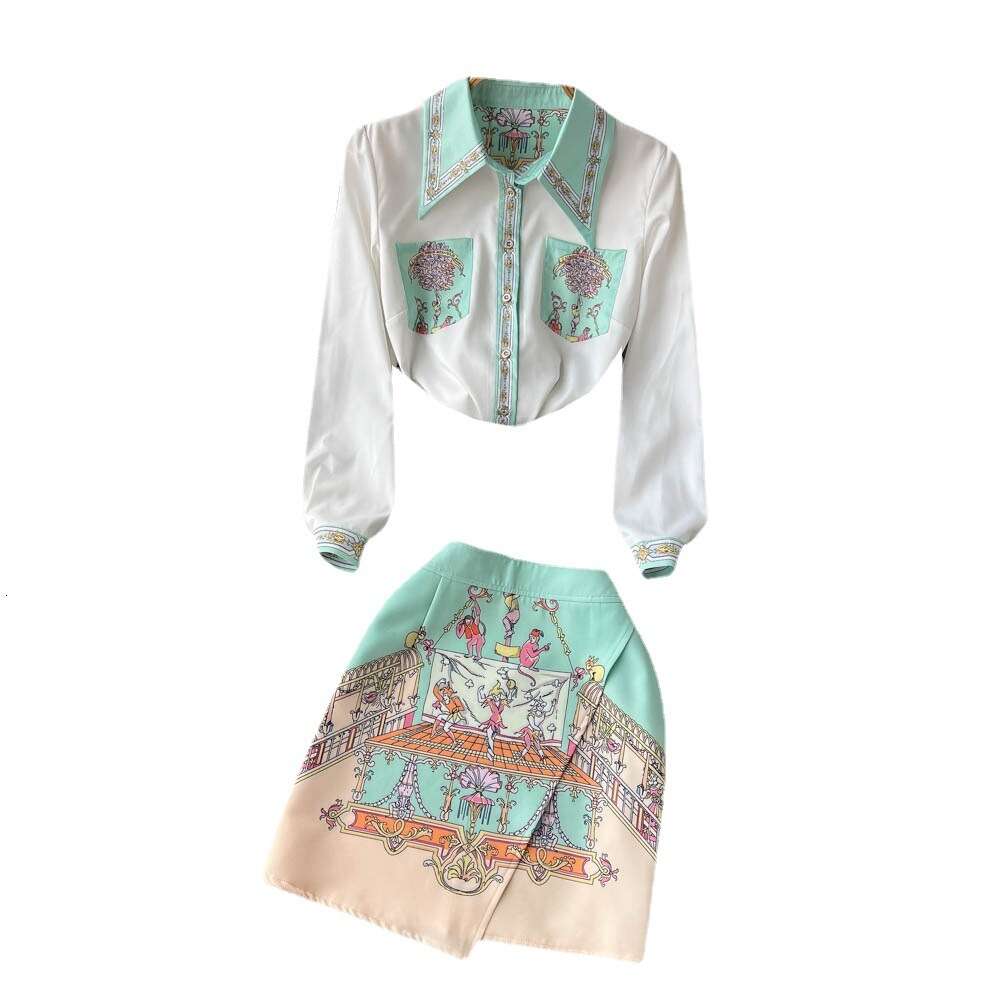 Spring Summer French Instagram Style Print Set Womens Pointed Neck Unique Shirt Hip Wrap Short Skirt Fashionable Two Piece Set