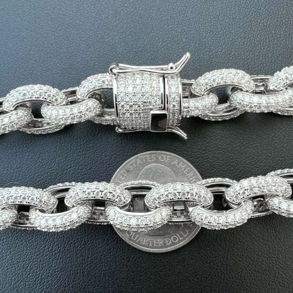 Custom Rapper Chain 925 Silver 12mm Thickness Rolo Link Chain Iced Out Moissanite Hip Hop Chain