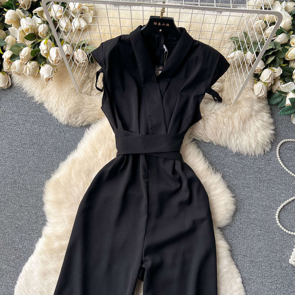 Temperament V-neck waistband jumpsuit for womens summer new age reducing Korean version fashionable and slim high waist draped wide leg pants