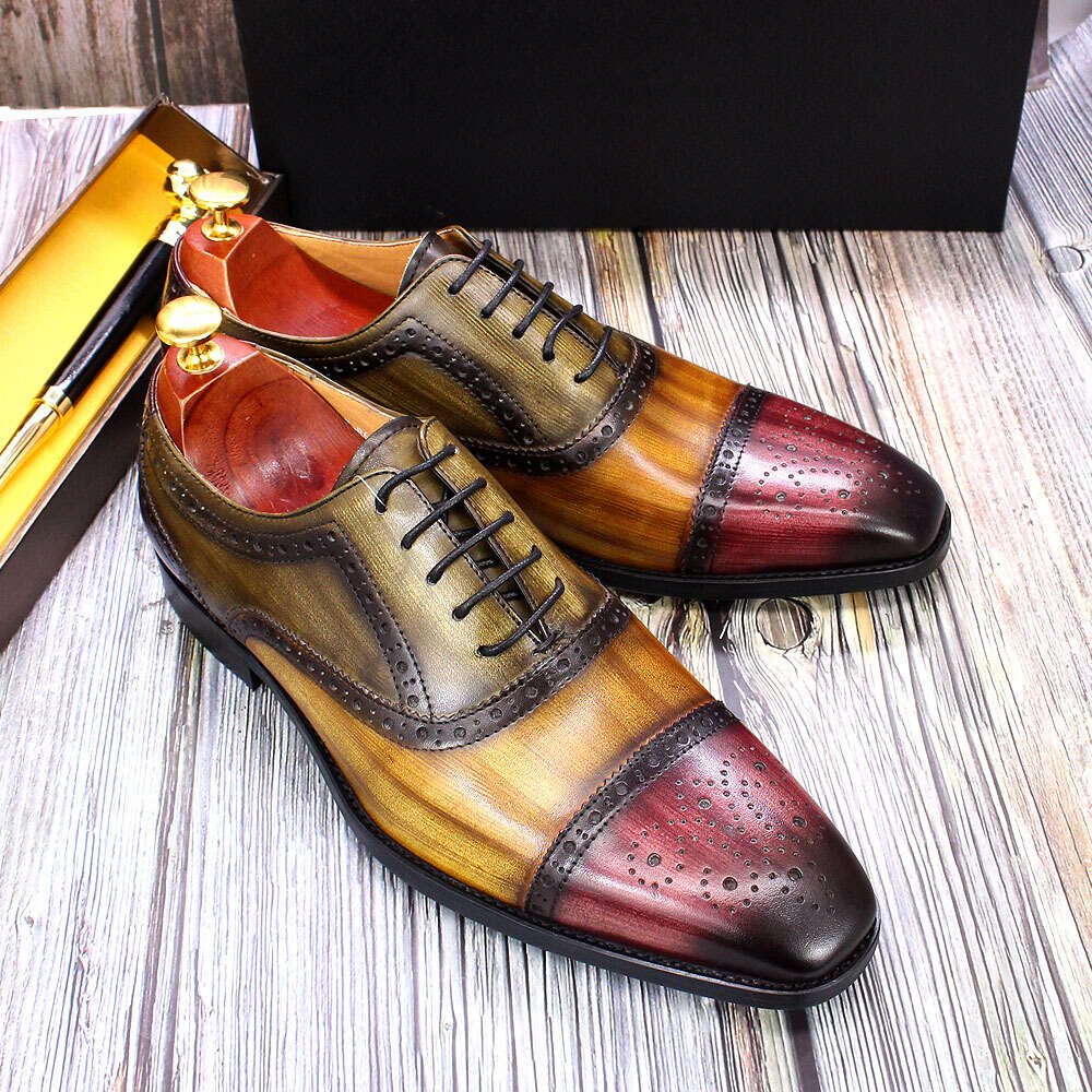Handmade Mens Dress 100% Calf Leather Cap Toe Oxford Mixed Colors Lace Up Brogue Wedding Party Formal Shoes For Men