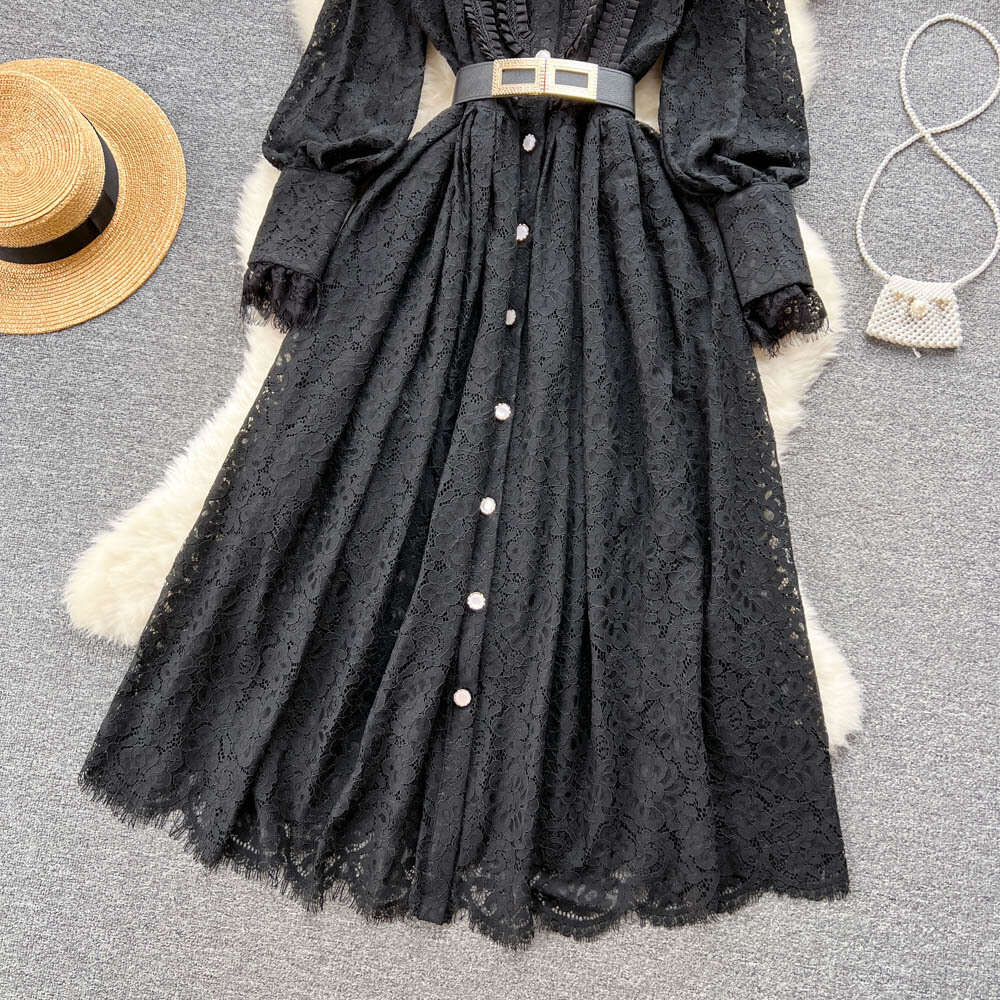 Spring and autumn new style lapel heavy work hook flower hollow-out French lace dress female fashion big swing knee length skirt