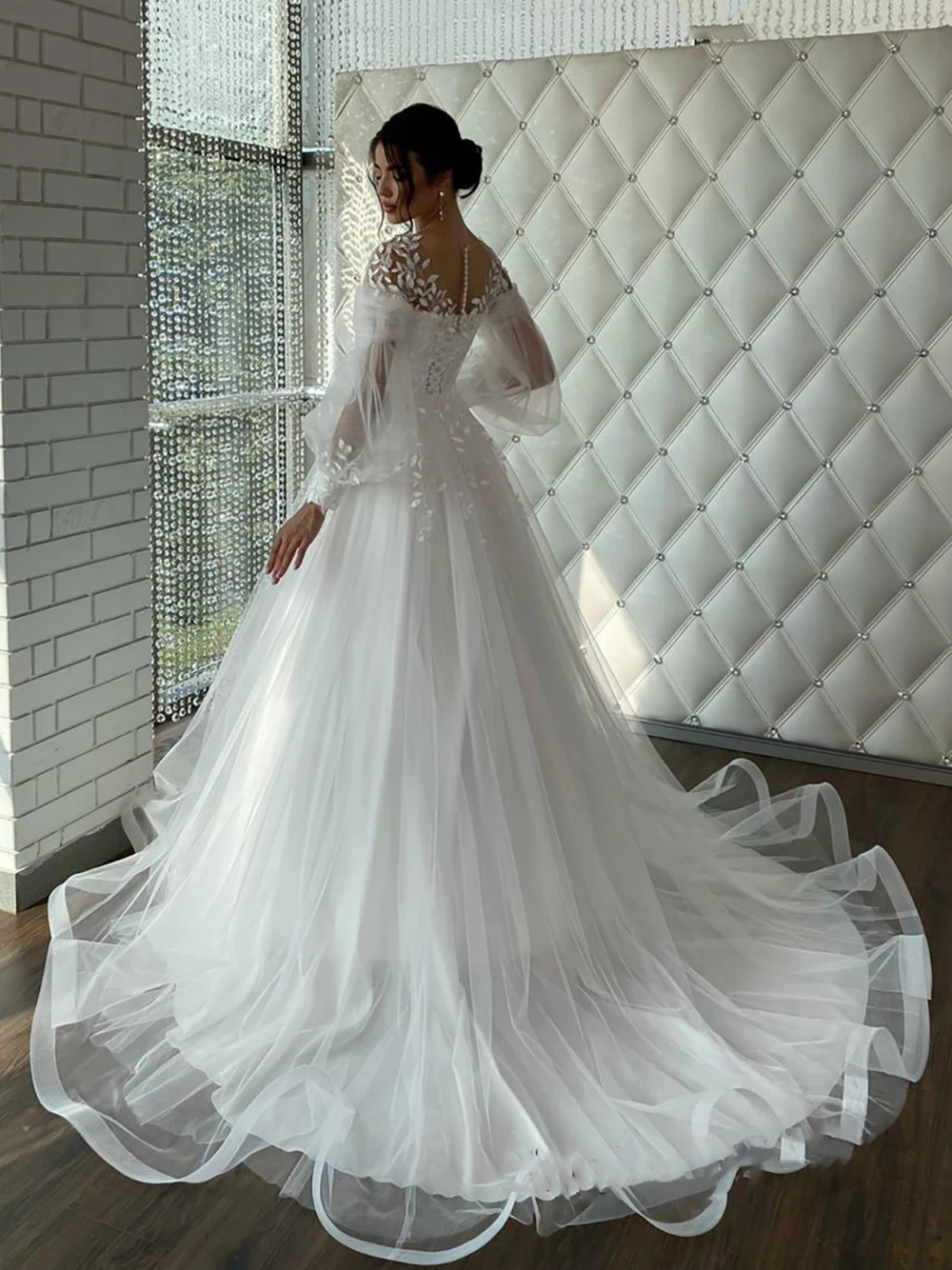Modest Sleeves A E Wedding Dress Jewel Neck Classic Appliques Bride Formal Event Dresses Elegant Tulle Long Bridal Gown Boho Robe De Mariee Lace Up 02