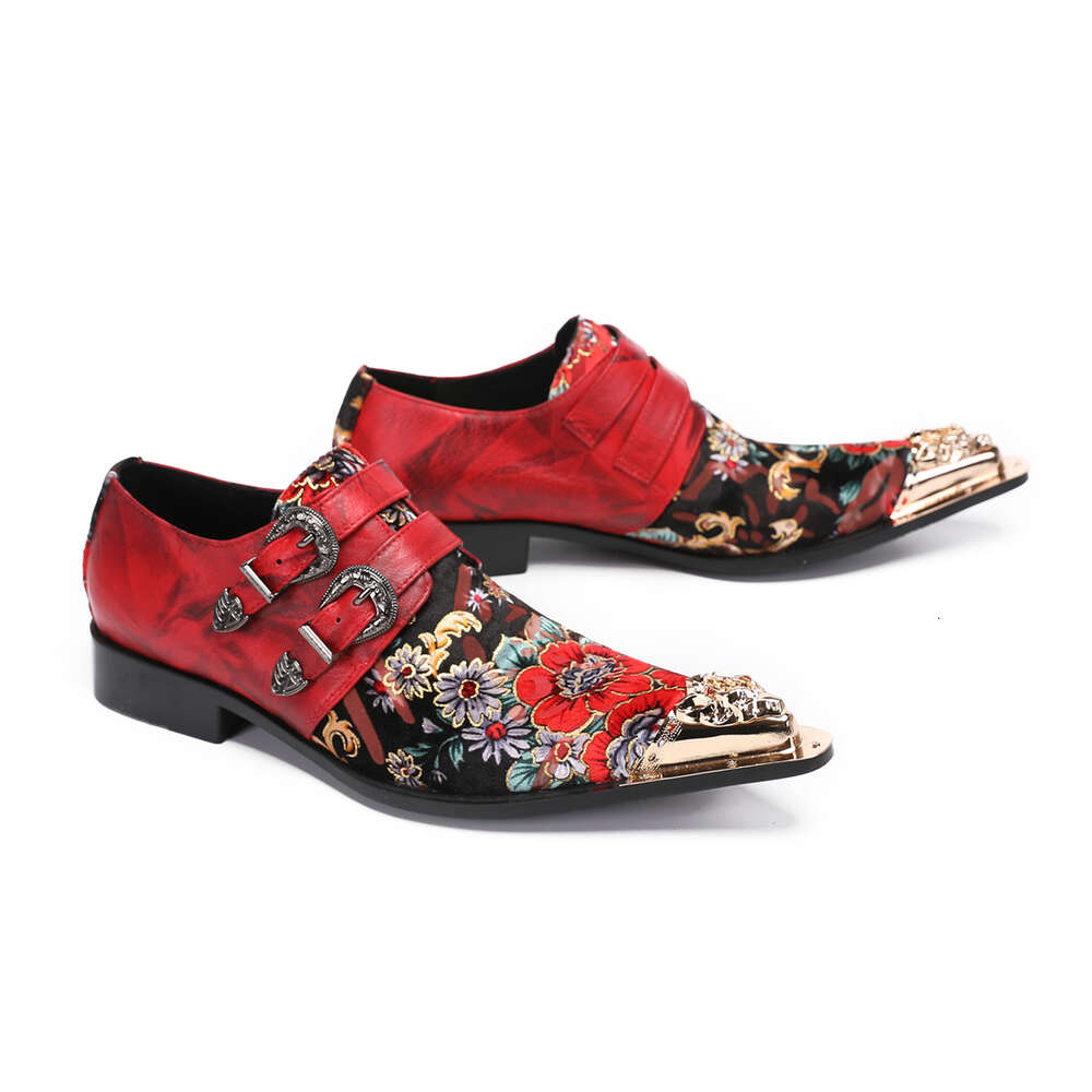 New Chinese Style Red Flower Men Oxfords Big Size Metal Pointed Toe Real Leather Male Wedding Celebrate Dress Shoes