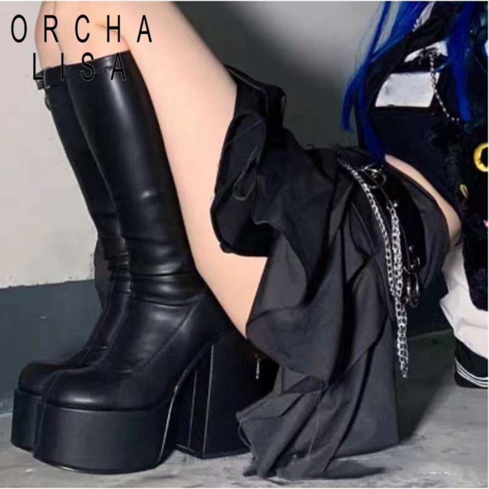 Brand New Autumn Winter Mid Calf Boots Punk Goth Chunky Platform High Heels Motorcycle Long Booty Women Shoes Big Size 46 47 48