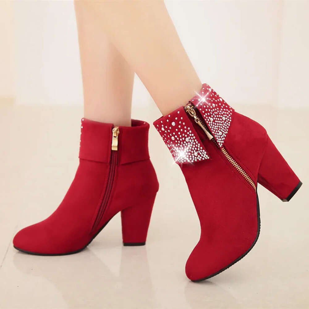 Big Size Crystal Zipper Ankle Women High Chunky Heels Blue Red Quality Flock Casual Office Party Winter Ladies Short Boots