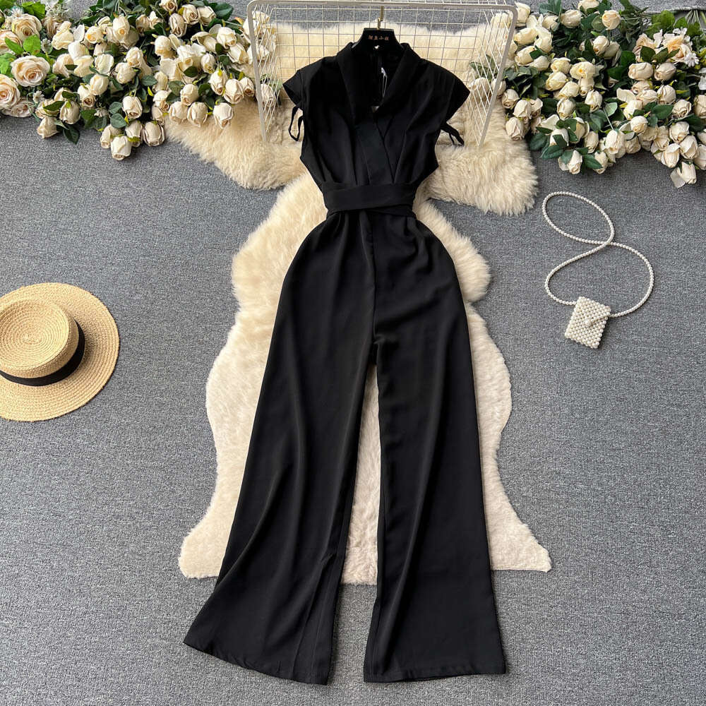 Temperament V-neck waistband jumpsuit for womens summer new age reducing Korean version fashionable and slim high waist draped wide leg pants