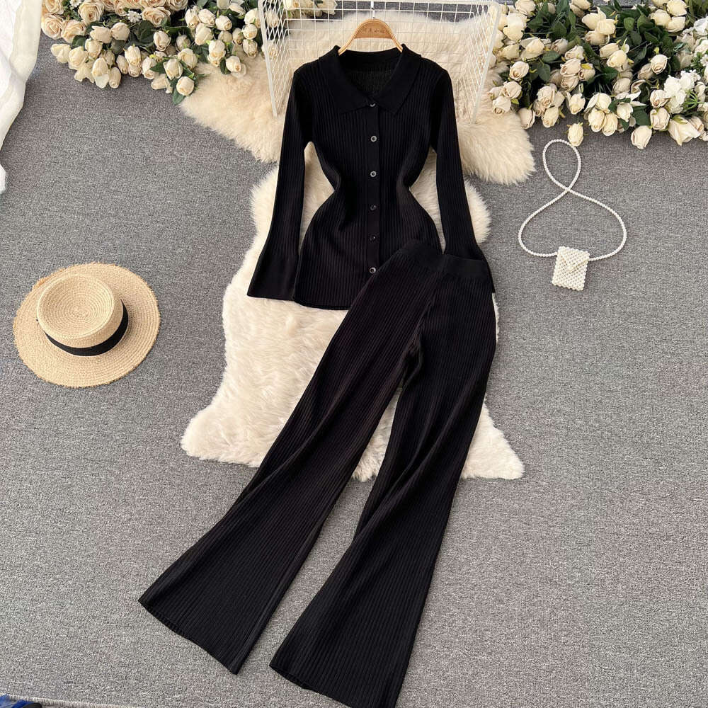 Fashion Knitted Suit Womens Green Long Sleeve Lapel Sweater Cardigan Shirt High Waist Hanging Feeling Wide Leg Pants Two-piece Set