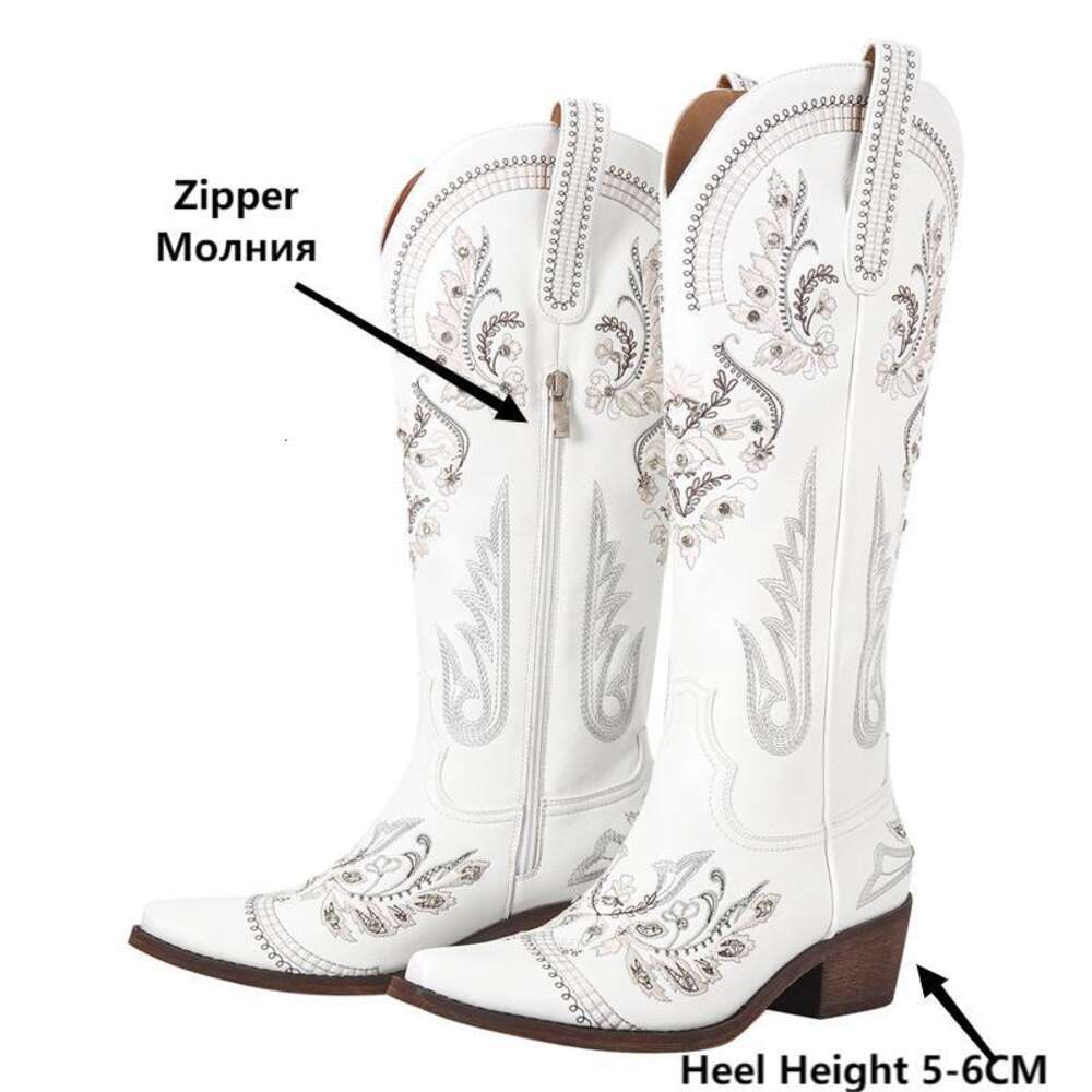 Onlymaker Women Embroidered White Western Cowboy Boots Block Heel Pull-On Pointed Toe Crystal Cowgirl Booties