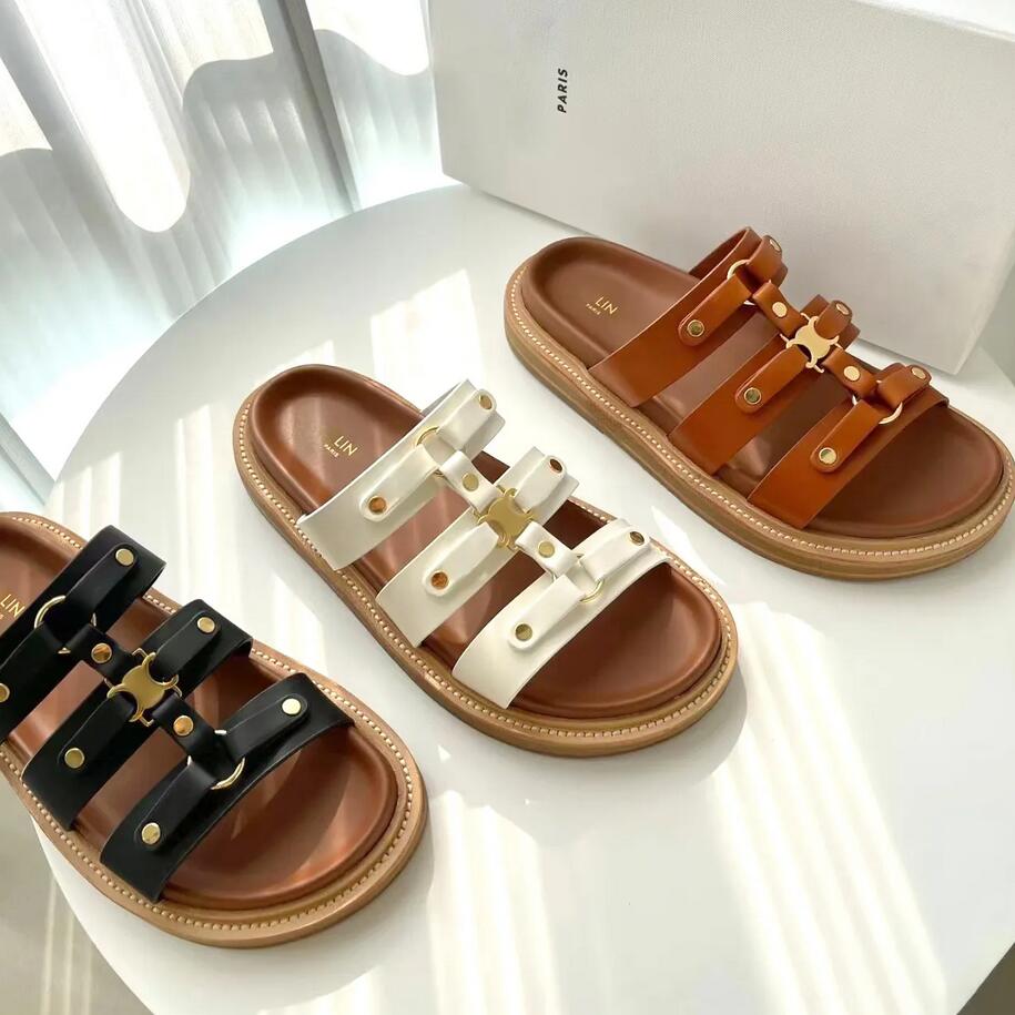 New luxury designer slippers sandal summer beach womens Leather Mule Sliders Casual shoe gladiator Flat sandale fashion black brown pool slide Slipper