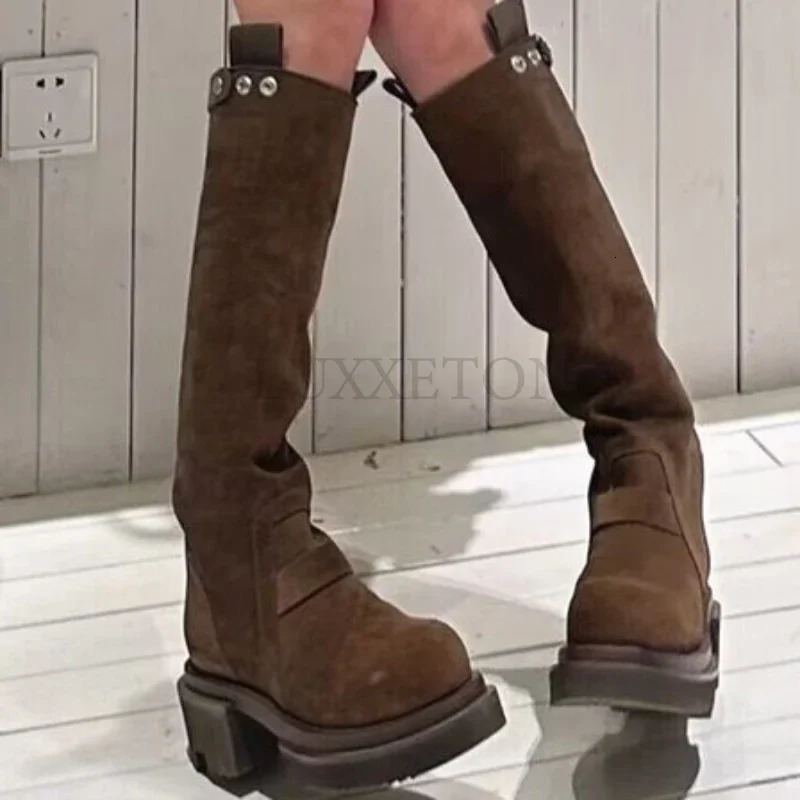 Women Spring Thick-soled Fashion Winter Knee-high Quality Suede Long Comfort Round Toe Botines Mujer Knight Boots