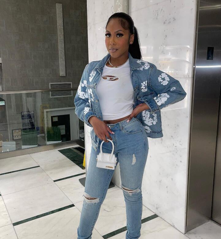 Denim Women Jacket Streetwear Fashion Flower Printed Jcoat Long Sleeve Coats Turn-down Collar Single Breasted Jackets