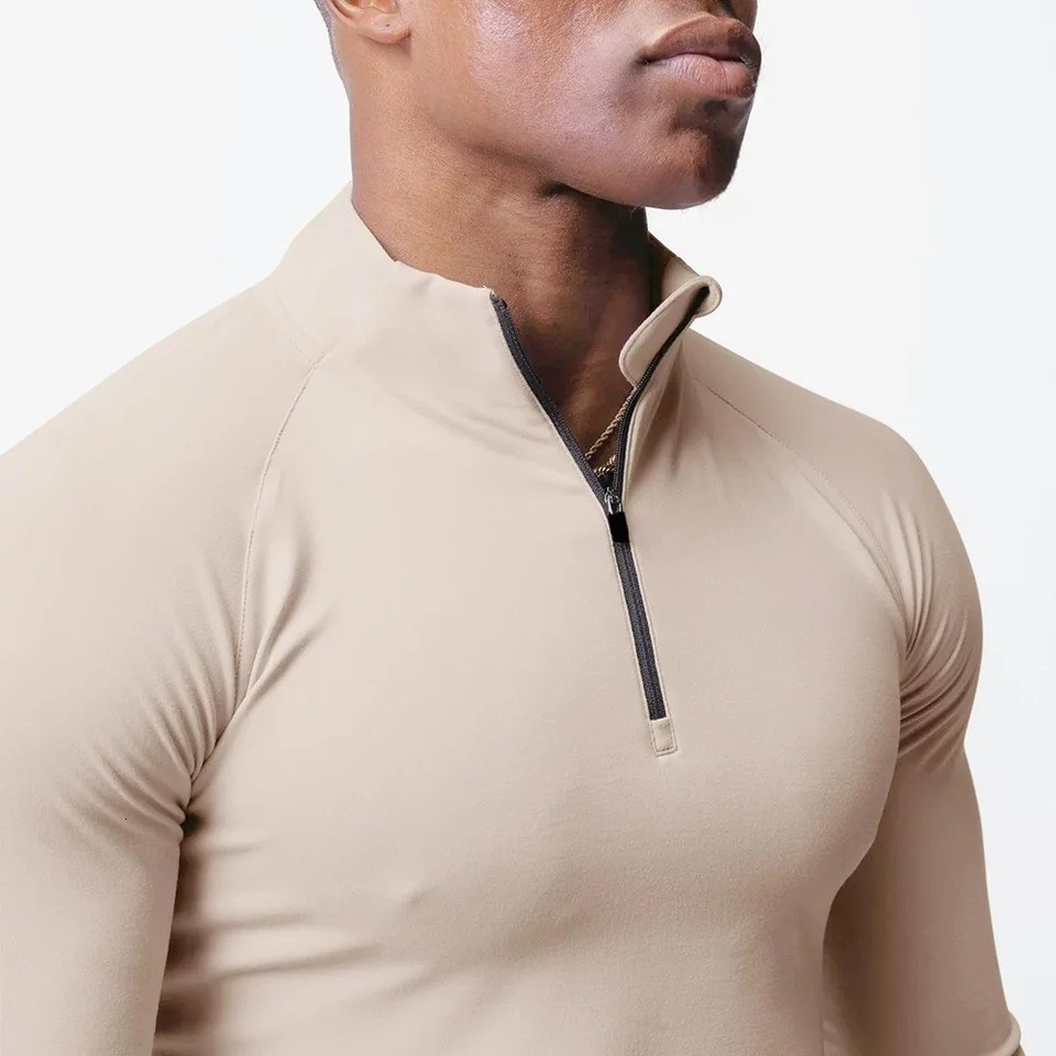 Tee Men T-Shirt Active Sports Tops Casual Gym Half High Collar Muscle Long Sleeve Polyester Quick Drying Slim Fit 240603