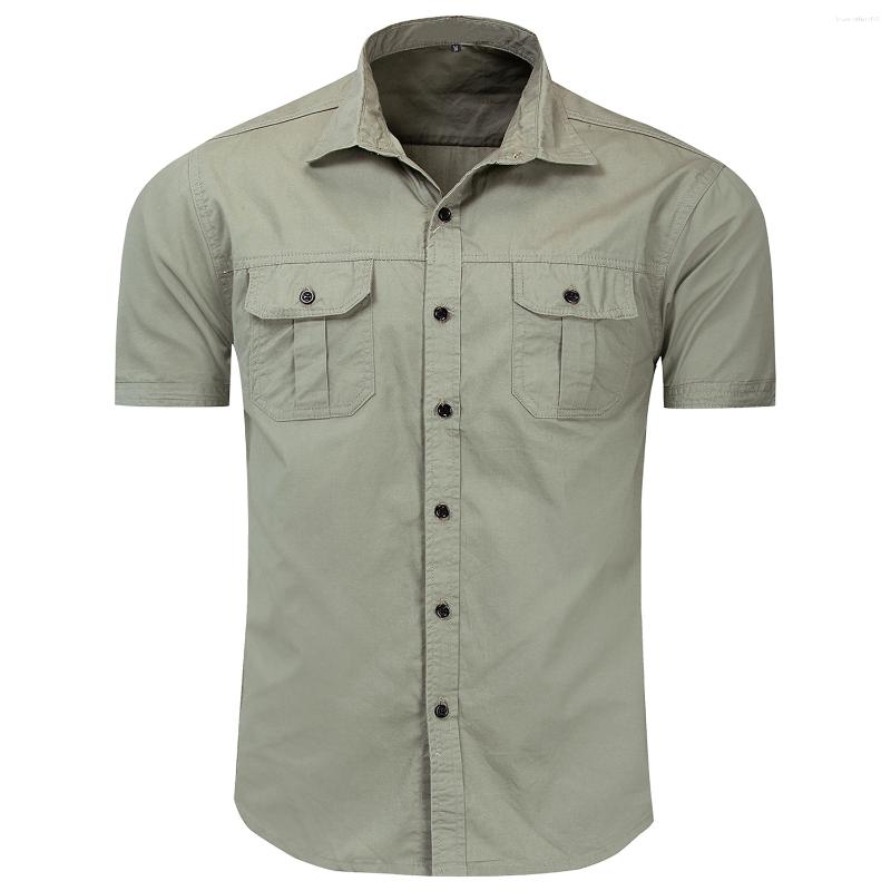 Men's Casual Shirts Summer Fashion Men Short Sleeve Solid Color Safari Shirt Cargo Work Cotton Pocket Male Plain Tops