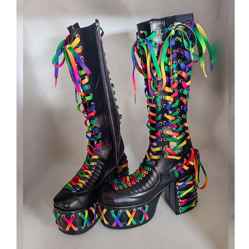 Rainbow Shoelace Side Zipper Round Toe Platform Thick Heel Knee-High Woman Winter 2024 Abby Rock Dark Black Long Boots