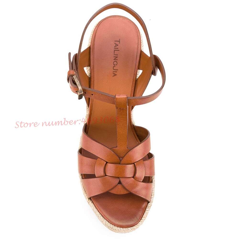 T-Strap Wedge Platform Women Braided High Heels Height Increasing Peep Toe Summer Leather Shoes Bukcle Strap Sandals
