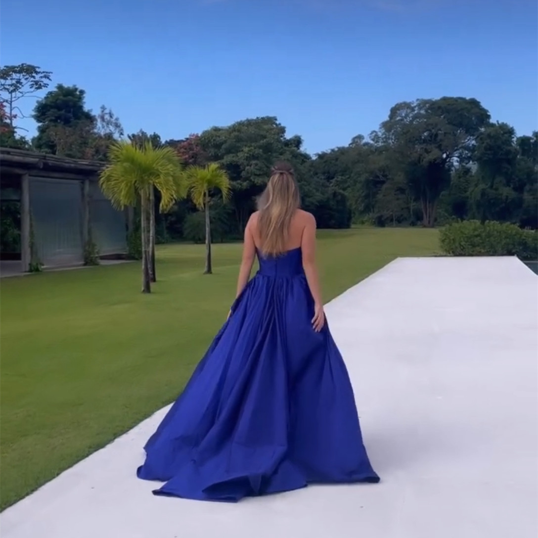 Classy Hi-Lo Royal Blue Satin Prom Dresses with Ruffles A-Line Off Strapless Asymmetrical Length Sweep Train Lace Up Back Evening Dresses for Women