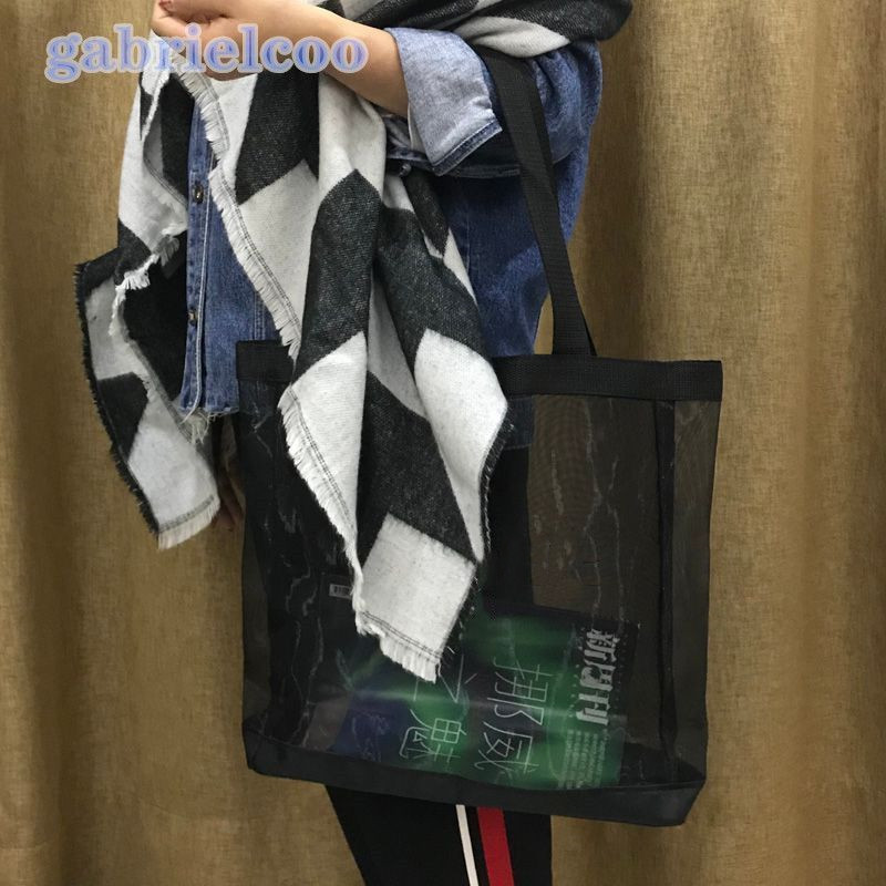 Designer Black Mesh Shoulder Bag women fashion Shopping Bag White Offset Printed Letter Transparent Shoulder Bag Beach Portable Environmental Bag